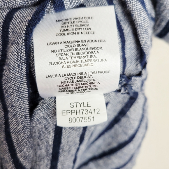 Ellen Tracy | Navy Peplum Off Shoulder Stripe Linen Blend Top - Picture 9 of 10